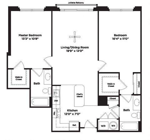 Floor plan for 2 beds, 2 baths, 1058 sqft